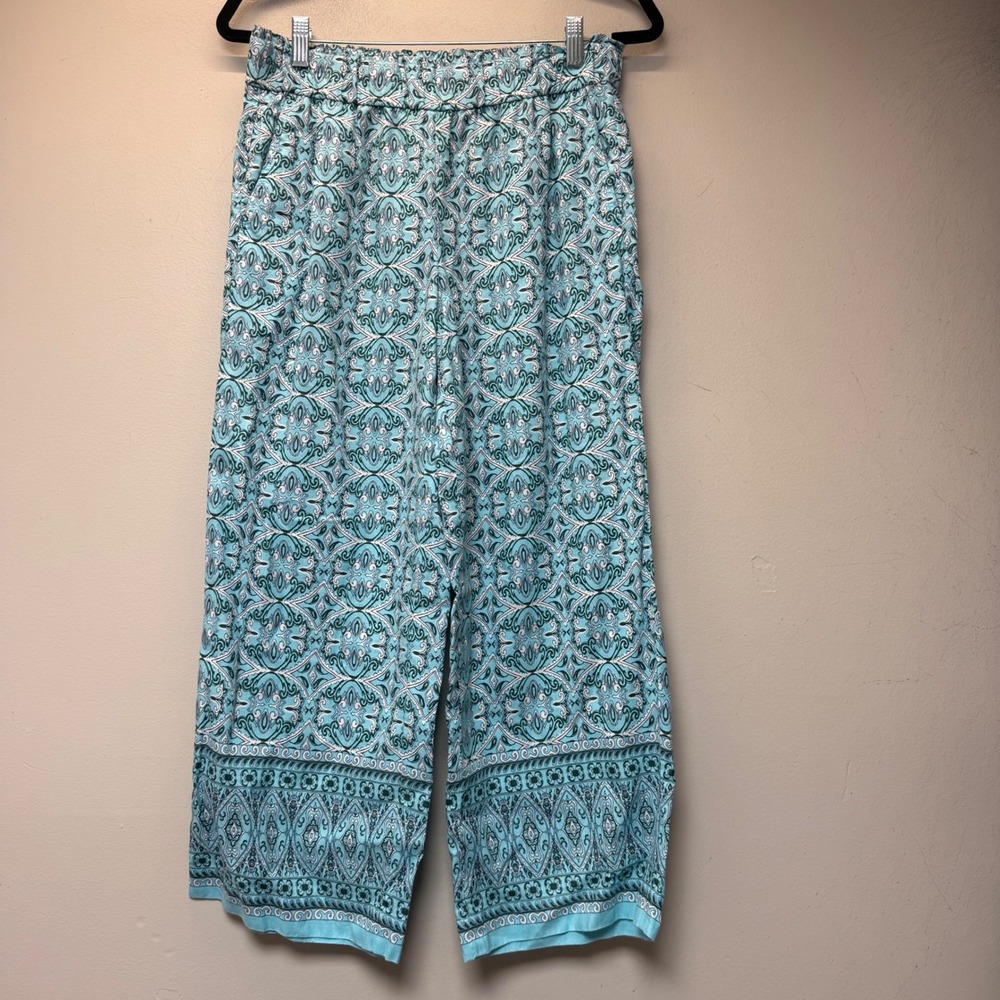 Nantucket Wide Leg Crop Pants Womens Small Teal Paisley Linen Blend Excel BoHo